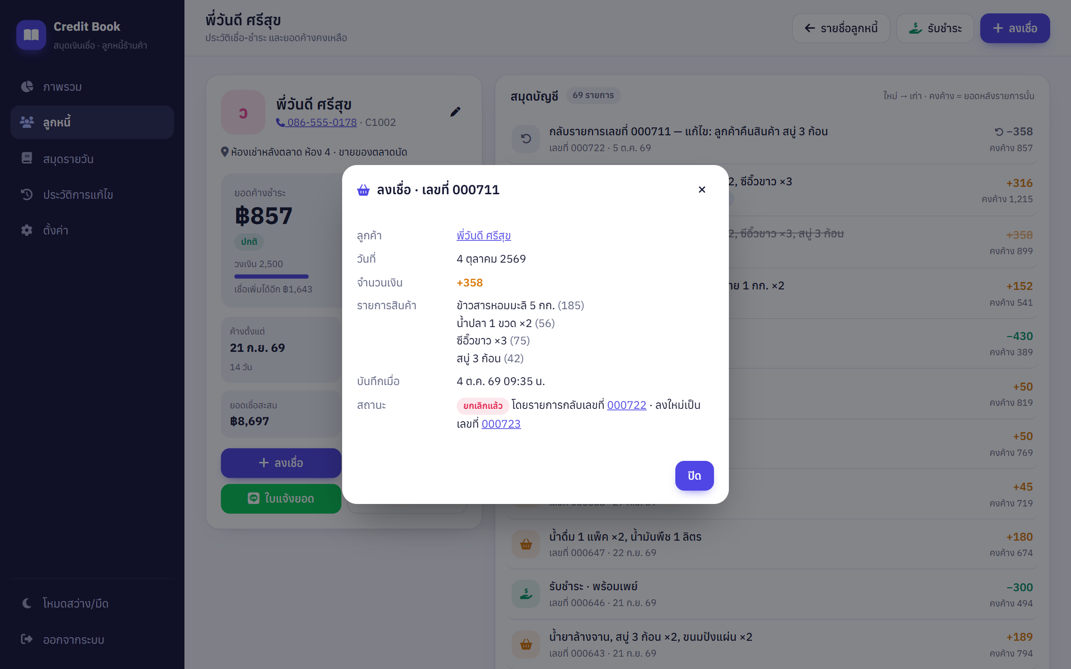 รายละเอียดรายการที่ถูกยกเลิก