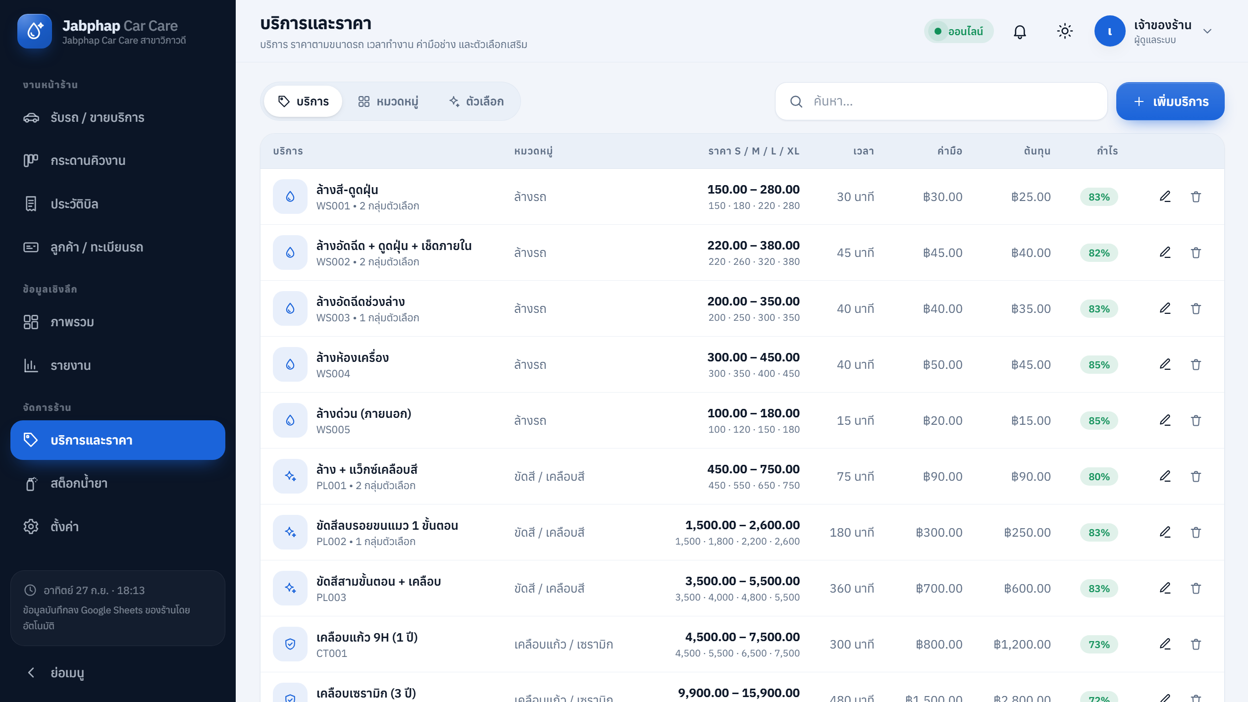 บริการและราคา