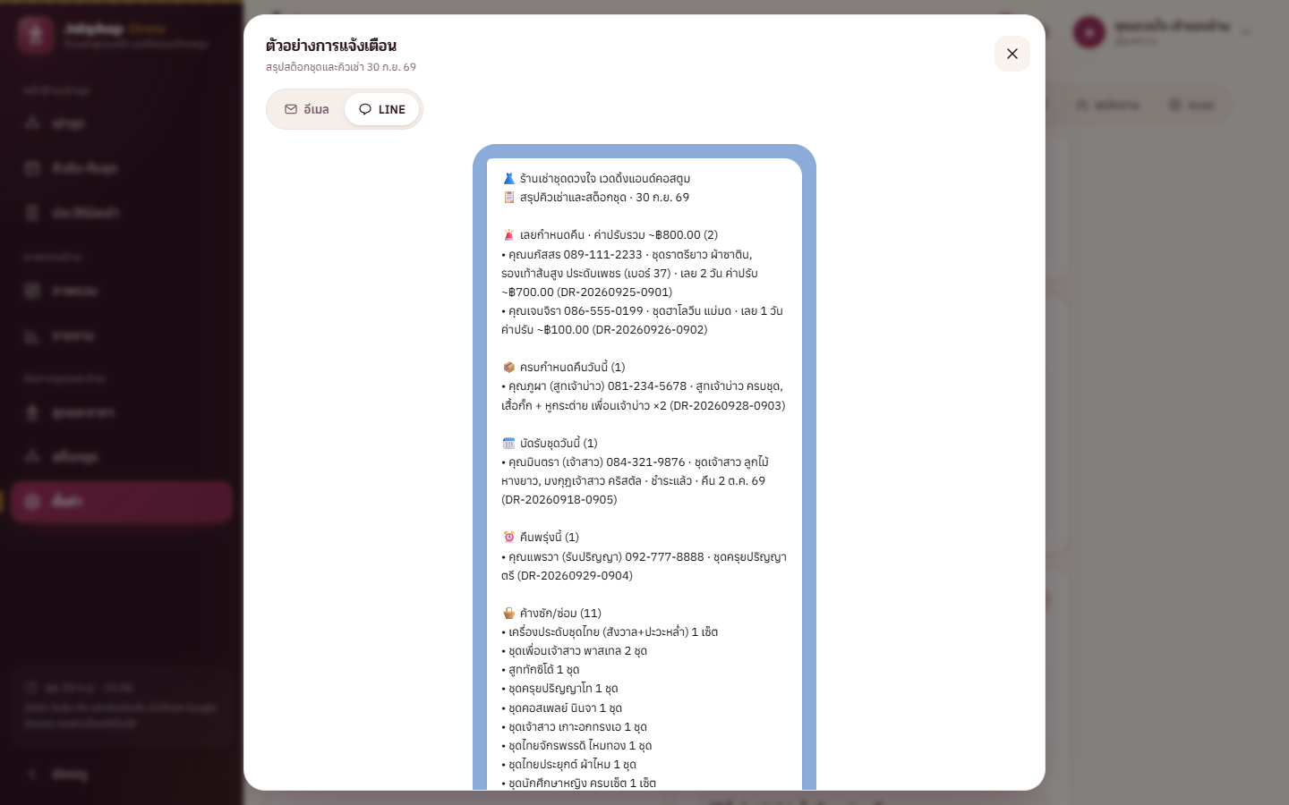 ข้อความ LINE สรุปแจ้งเตือนคิวเช่าและสต็อกชุด