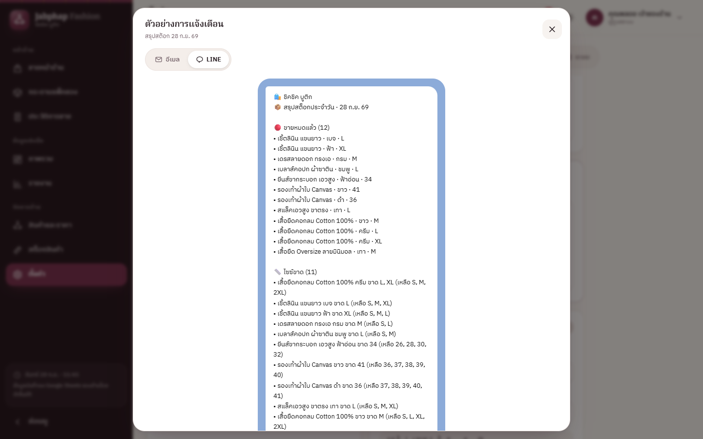 ตัวอย่างข้อความ LINE สรุปสต็อกประจำวัน