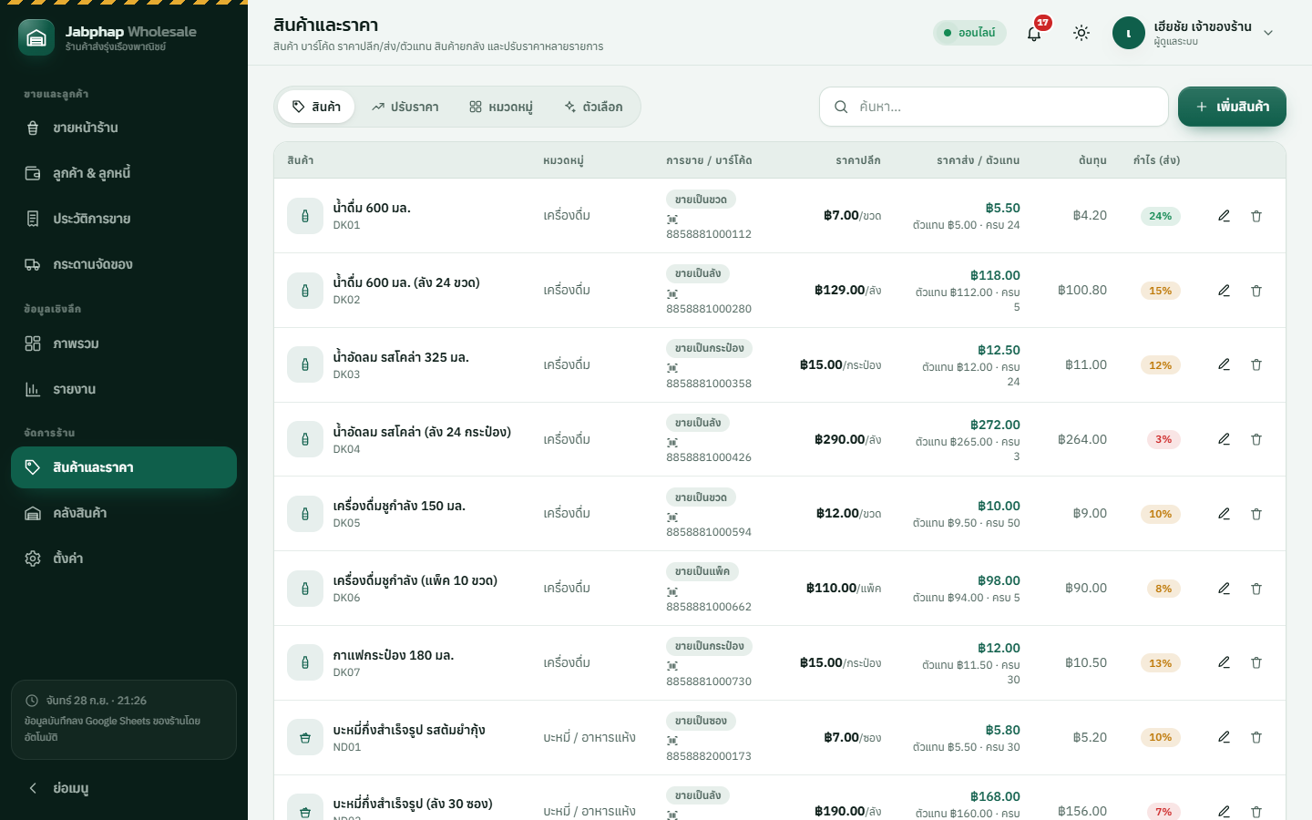 หน้าสินค้าและราคา ตารางสินค้า หมวดหมู่ ขายเป็นขวด ลัง แพ็ค พร้อมบาร์โค้ด ราคาปลีก ราคาส่ง/ตัวแทนและจำนวนขั้นต่ำ ต้นทุน และกำไรส่งเป็นเปอร์เซ็นต์
