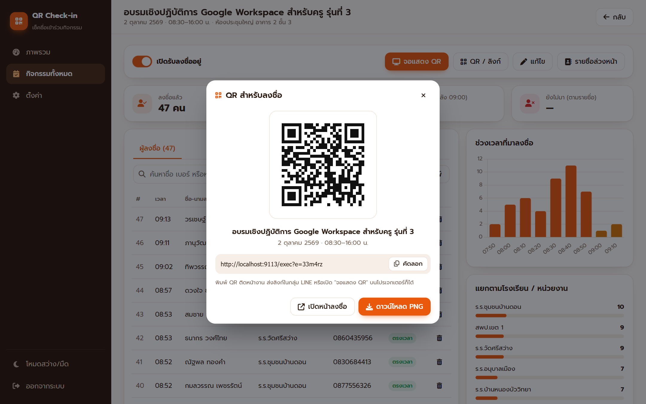 QR / ลิงก์ — คัดลอกลิงก์ส่งในกลุ่ม LINE หรือดาวน์โหลด PNG ไปพิมพ์