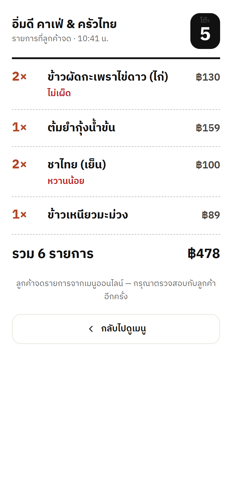 หน้าจอแสดงให้พนักงาน