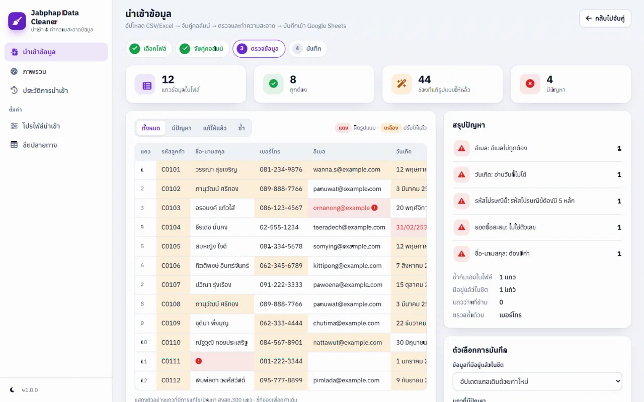 นำเข้าและทำความสะอาดข้อมูล CSV/Excel เข้า Google Sheets (Jabphap Data Cleaner)